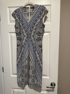 White House Black Market Black and Light Blue Geometric Sheath Dress